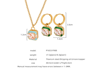 Detailed view of titanium steel jewelry set with blue enamel and zircon inlay dimensions