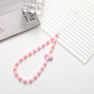 Pink acrylic beaded phone strap with heart pendant and clear crystals for women