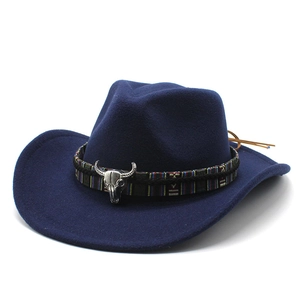 Navy blue western wool felt cowboy hat with ethnic braided band and silver bull skull accent