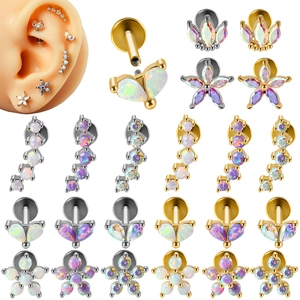 Stainless Steel Lip Stud Cartilage Earring With Opal Zircon Flower Internal Thread Flat Back Piercing Jewelry For Women