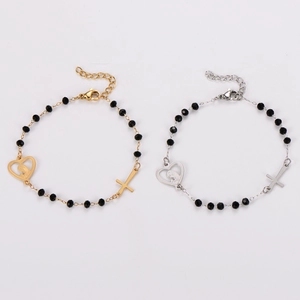 Bracelets en perles avec pendentifs croix et cœur en acier doré et argenté