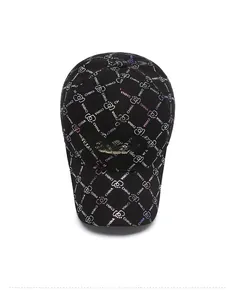 Top view of a black baseball cap featuring gold CHINA embroidery and all-over colorful prints