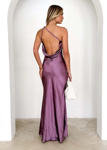 Detailed back view of a slim-fit purple satin maxi dress with an elegant open back design