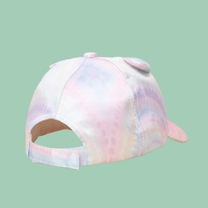 Detail of adjustable velcro strap and 3D ear accents on tie-dye kid baseball cap