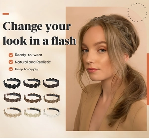 Detail showing nine shades of braided hair headbands with high-volume natural texture