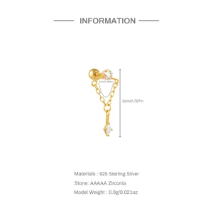 Detail showing S925 sterling silver gold star and key earring with zirconia dimensions