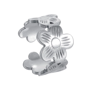 Minimalist silver stainless steel open ring featuring a delicate floral pattern design