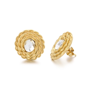Elegant 18k gold plated square stud earrings with crystal center and spiral texture