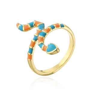 Macro detail of 18K gold snake ring featuring vibrant orange and blue enamel scales