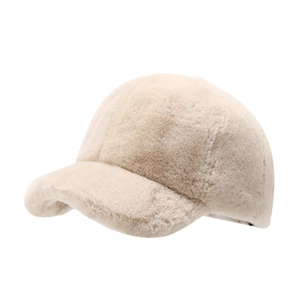 Minimalist beige fluffy baseball cap with soft plush texture and curved brim for winter