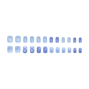 Blue 3D cartoon press-on nails with white flower and smiley face patterns, 24 pieces set