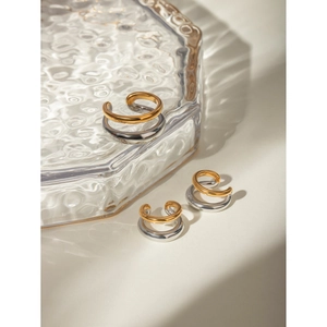 Three-piece gold and silver two-tone C-shaped stainless steel ear cuffs for women