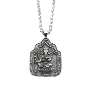 Vintage titanium steel Ganesha pendant necklace with intricate oxidized silver finish details