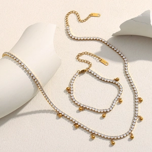 Stainless Steel 18K Gold Plated Cubic Zirconia Round Bead Tassel Necklace And Bracelet Minimalist Fashion Jewelry For Women