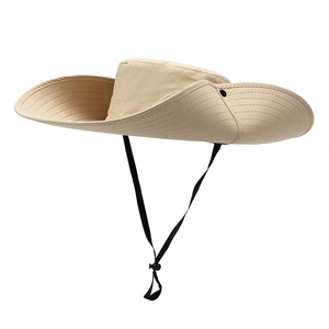 Khaki wide brim sun hat for hiking with adjustable windproof drawstring and solid design
