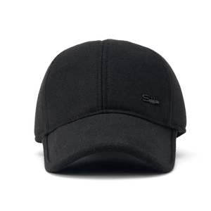 Winter thermal baseball cap for elderly men with ear flaps and black metal logo badge
