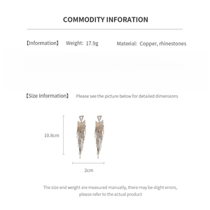 Size specifications and dimensions for rhinestone triangle tassel earrings in copper