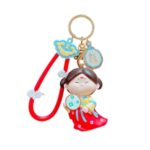 Cute Tang Dynasty style cartoon doll keychain with traditional red dress and fan pendant
