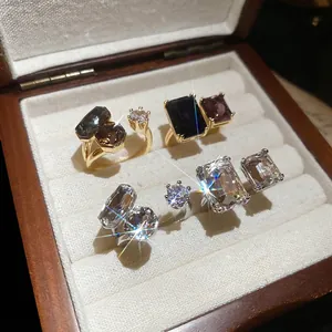 Luxurious geometric zircon open rings in gold and silver finish with radiant cut stones