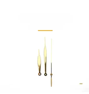 Detail view of gold-polished quartz clock hands set with mirror-finish metal surface