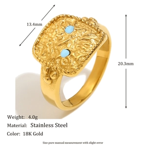 18K gold plated stainless steel square ring with blue stones and hammered texture