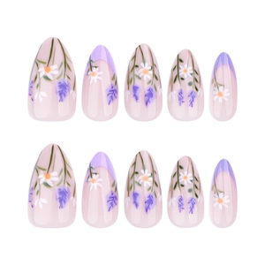 Unghie finte a mandorla viola french con decorazioni di margherite e lavanda