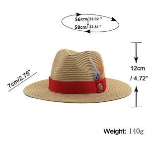 Detail of straw fedora hat featuring red grosgrain ribbon, feather accent and metal buckle