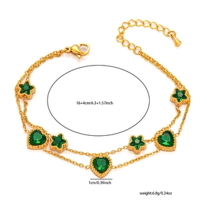 Detailed size specifications for 18K gold double-layer bracelet with green gems