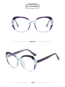 Macro view showing both front and side profiles of blue transparent polygon cat-eye frames