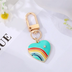 Rainbow striped heart keychain with light blue finish and sparkling crystal accent