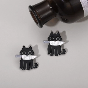 Black cat enamel pins with knives featuring THEY/THEM and HE/THEY pronouns set