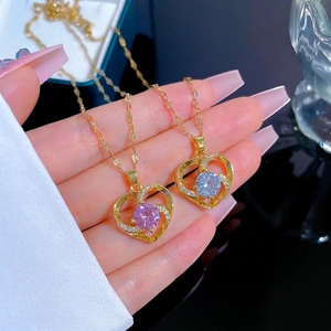 Titanium steel gold heart necklace set with pink and clear zircon micro-pave stones