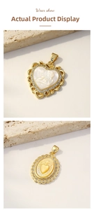 Detailed close-up of gold-plated shell necklaces with heart and angel relief motifs