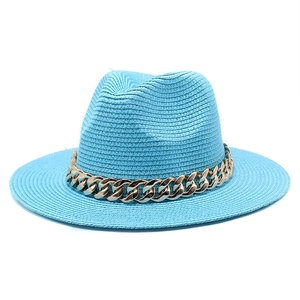 Flat top straw sun hat in light blue with stylish thick gold chain decoration