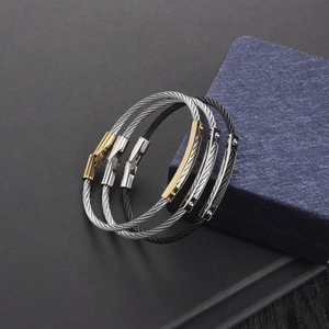 Retro stainless steel wire braided bracelets in gold, silver, and black with gift box