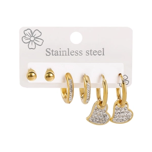 Three-pair gold stainless steel earring set with crystal studs and heart drop charms
