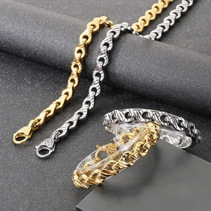 Men Stainless Steel Engraved Handcuff Link Chain Bracelet And Necklace Punk Retro Industrial Hip Hop Style Jewelry
