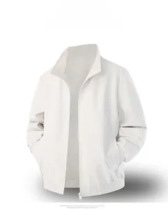 Detail of white minimalist casual jacket featuring a zip-up stand collar and ribbed cuffs