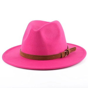 Elegant rose pink wool felt fedora jazz hat with dark brown leather belt and metal buckle