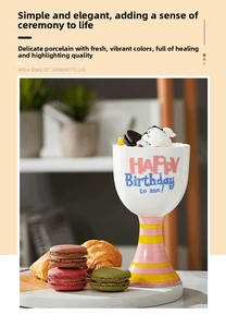 Detail of creative ceramic dessert goblet with colorful stripes and birthday text decoration