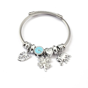 Silbernes Charm-Armband mit blauem Emaille, Herzanhänger und Elefanten-Charm
