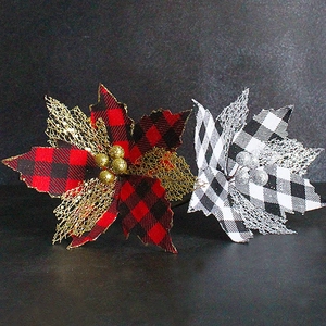 Artificial Christmas Poinsettia Flower Buffalo Plaid Cloth Glitter Mesh With Berries Stem For Xmas Tree Decor Holiday