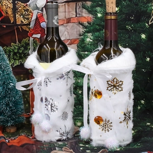 Christmas Wine Bottle Cover Faux Fur Plush Gold Silver Snowflake Print Holiday Table Decor Ribbon Bow Pompoms
