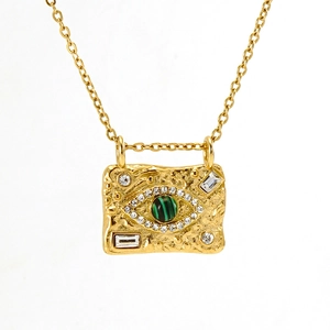 18K gold stainless steel evil eye necklace with green malachite and rectangle pendant