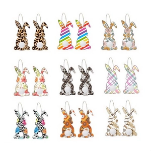 Easter Bunny Wooden Earrings With Plush Pom Pom Tail Leopard Floral Print Hoop Jewelry For Women Girls