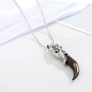 Vintage silver wolf tooth pendant necklace for men with stylish metal bead chain