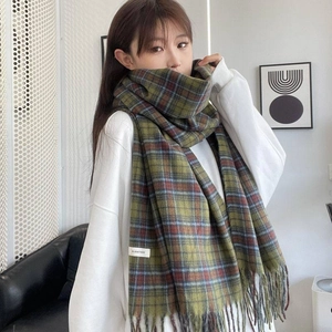 Green plaid faux cashmere scarf for women with thick tassels and warm winter styling