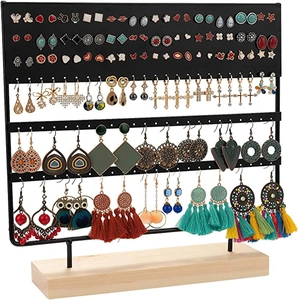 144-hole earring display stand with a black metal rack and a detachable wooden base