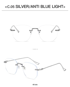 Close-up of rimless silver eyeglasses with blue light blocking lenses from two angles