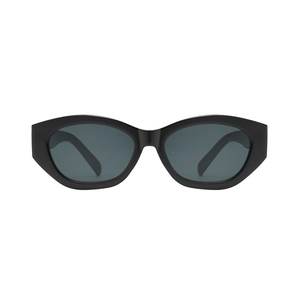 Classic black oval cat eye sunglasses with dark grey lenses in a retro narrow frame design